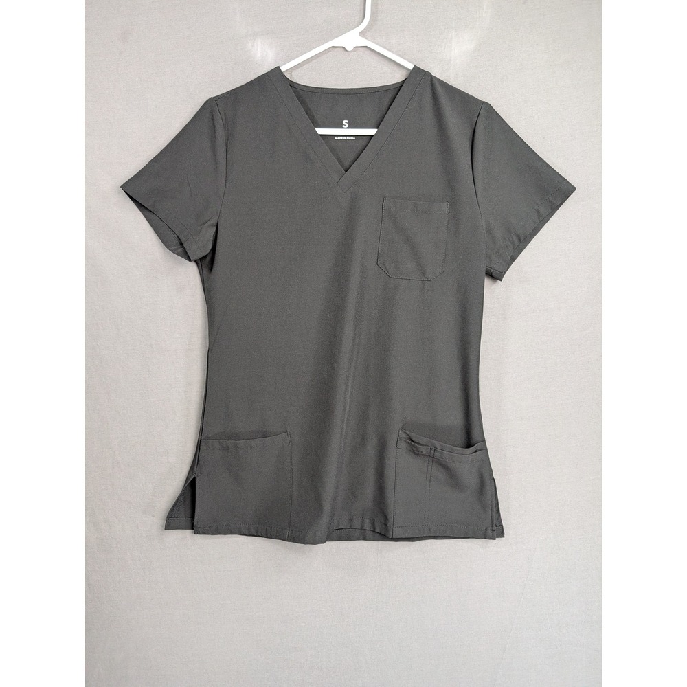 Unbranded Dark Gray V-Neck Scrub Top Size S Short Sleeve 3 Pockets Stretch 8339